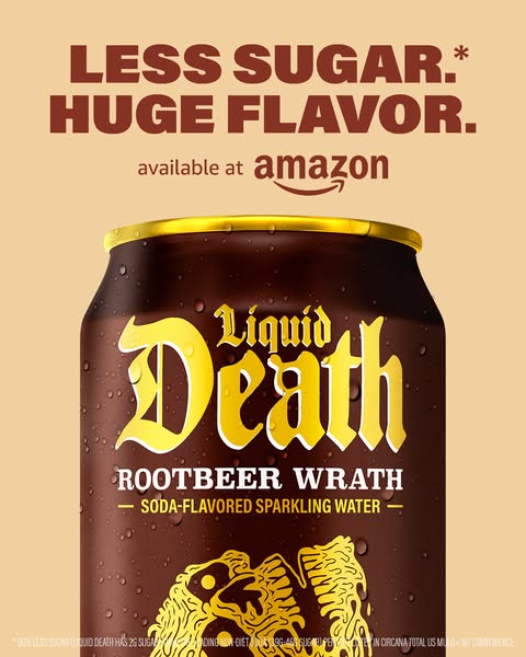 Liquid Death ad with a product headline and a small available-at-Amazon lockup