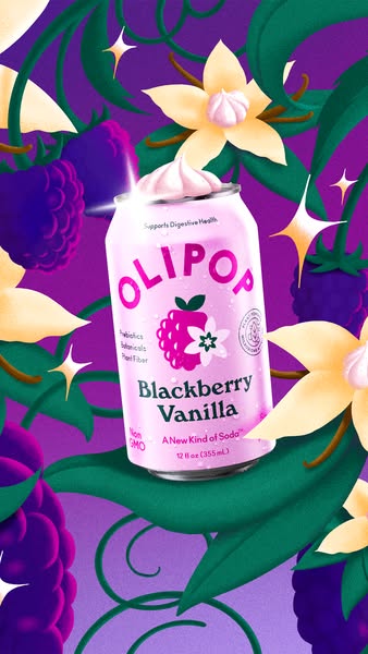 Olipop Blackberry Vanilla can built into a world of blackberries and vanilla flowers
