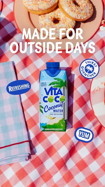 Vita Coco carton on a picnic blanket with donuts and strawberries, headline MADE FOR OUTSIDE DAYS