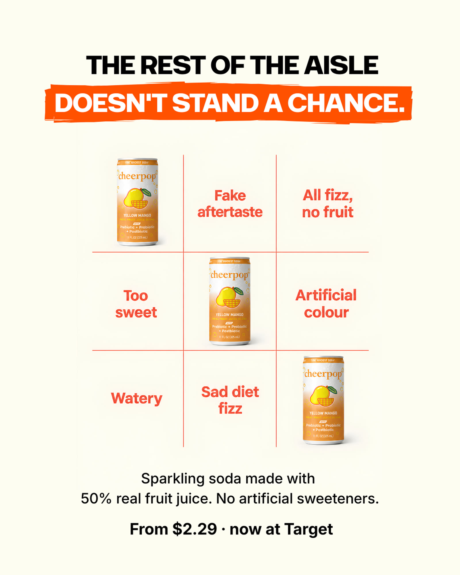 Cheerpop Yellow Mango carousel card: tic-tac-toe grid, three mango cans win against Fake aftertaste, All fizz no fruit, Too sweet, Artificial colour, Watery, Sad diet fizz