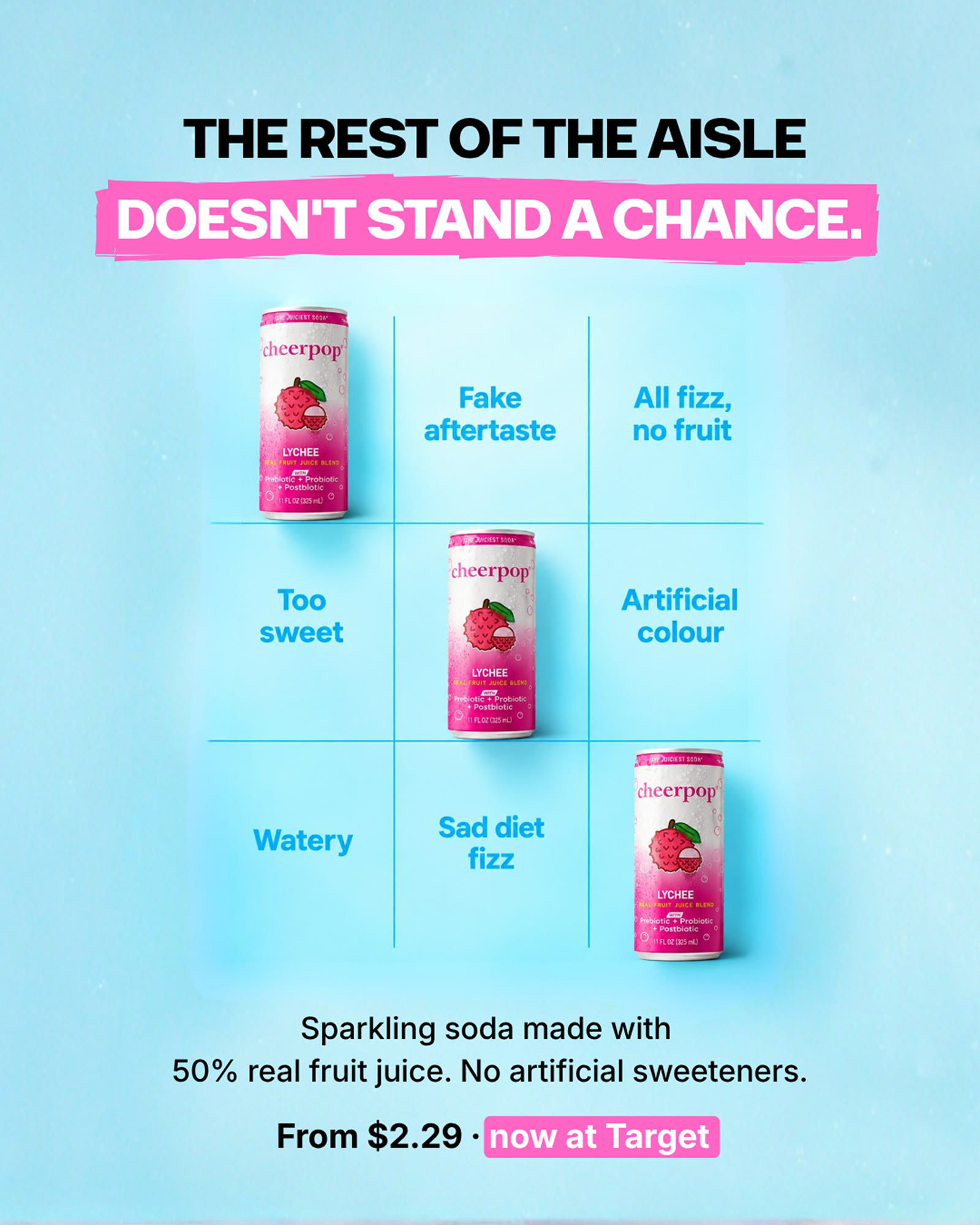Cheerpop Lychee carousel card: the same tic-tac-toe grid with three lychee cans